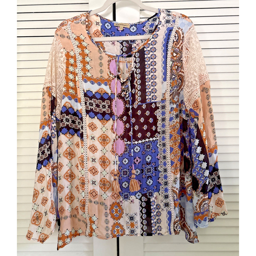 Democracy Patchwork Blouse XL Colorful Boho Flowy Sleeve Tassel Ties LS Top Lace